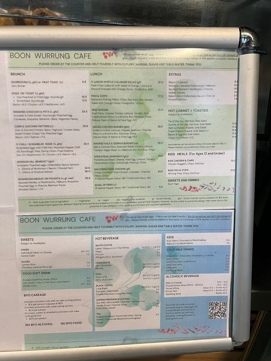 Menu, Boon Wurrung Cafe