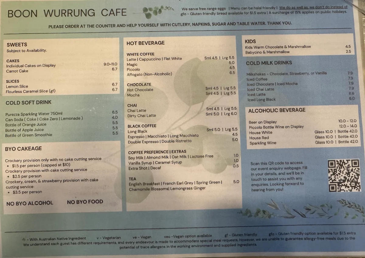 Menu, Boon Wurrung Cafe
