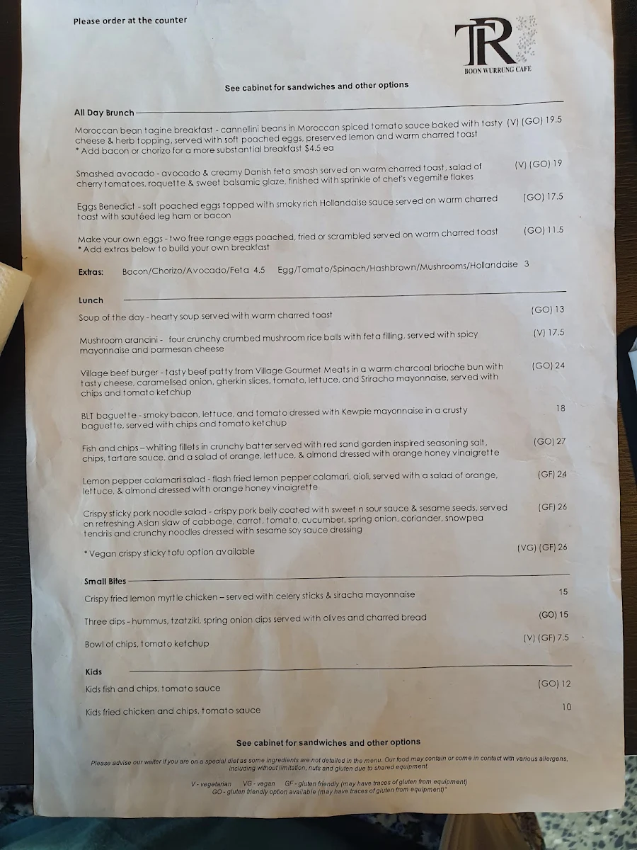 Menu, Boon Wurrung Cafe
