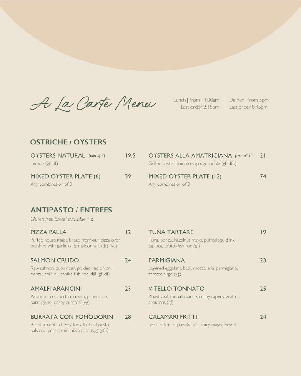 Menu, Ollie's Italian