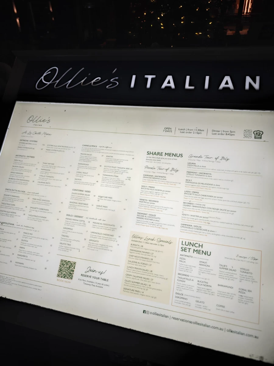 Menu, Ollie's Italian
