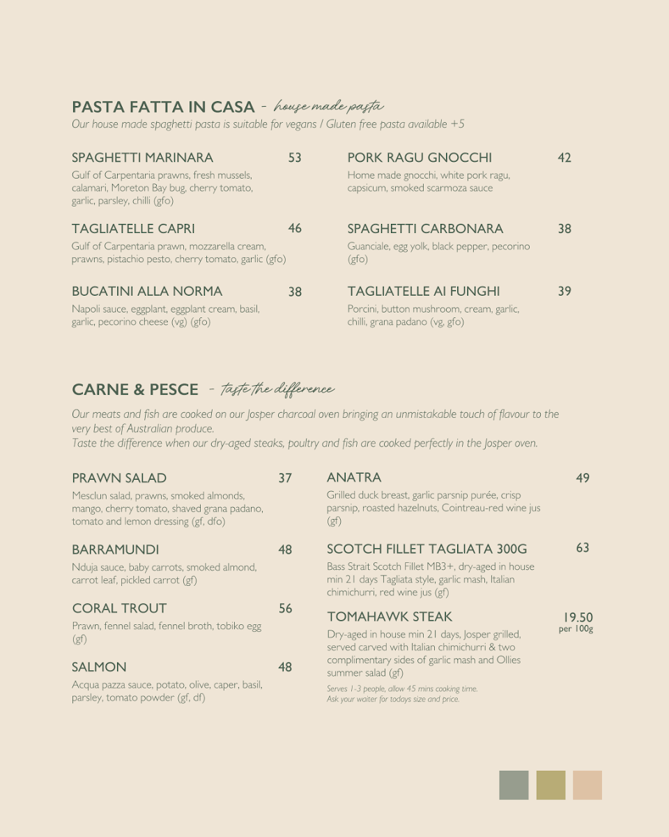 Menu, Ollie's Italian