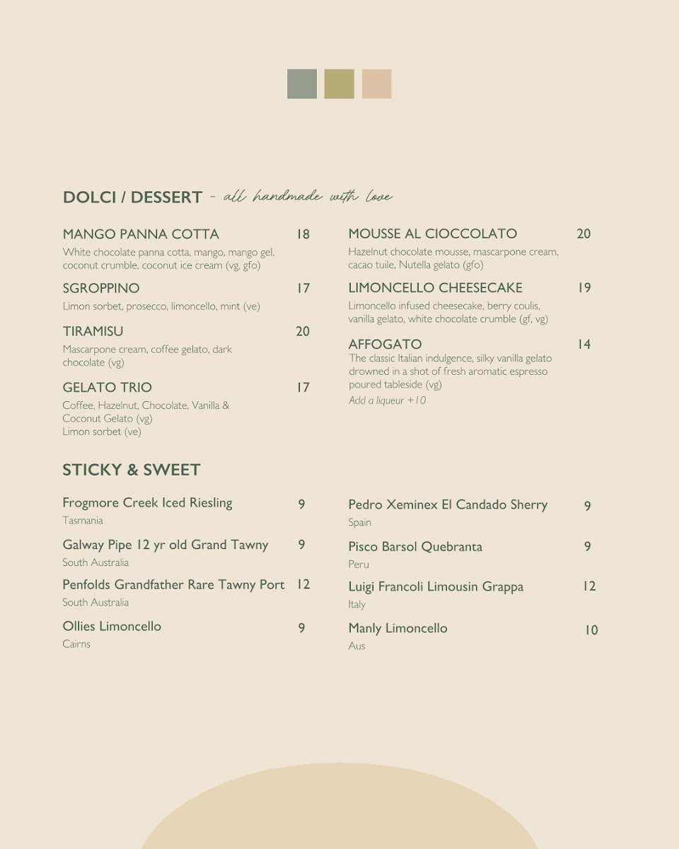 Menu, Ollie's Italian