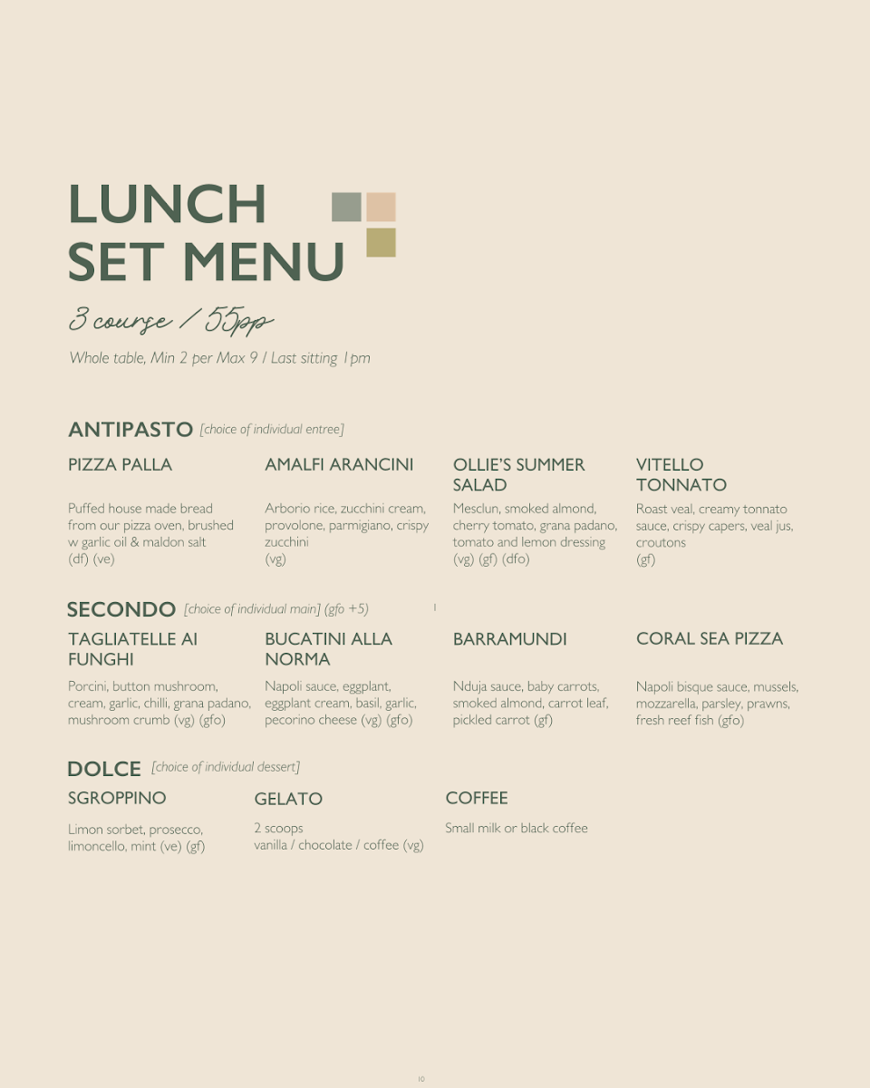 Menu, Ollie's Italian