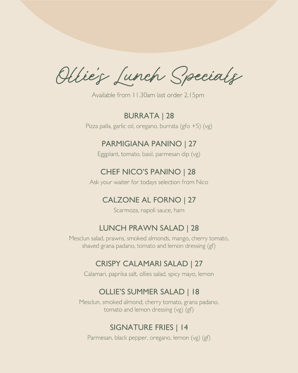Menu, Ollie's Italian