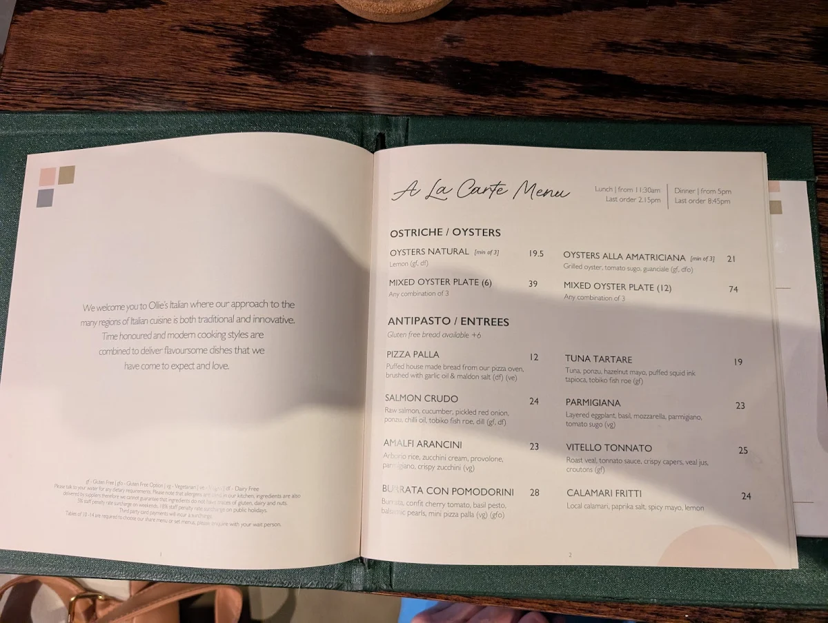 Menu, Ollie's Italian