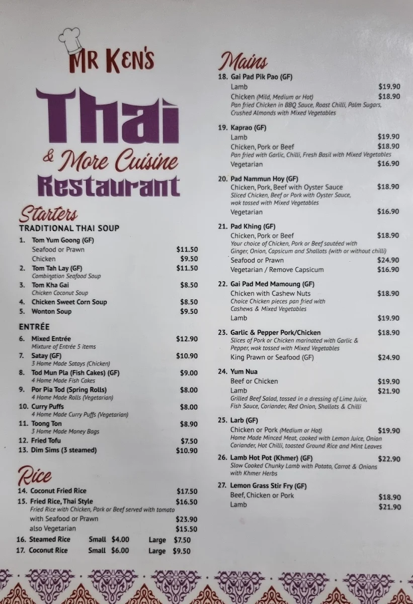 Menu, Mr Ken's Thai And More Cuisine Restaurant