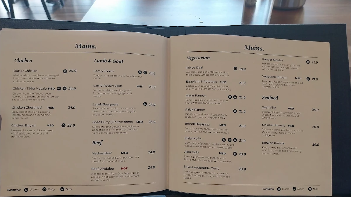 Menu, Amara Indian Restaurant