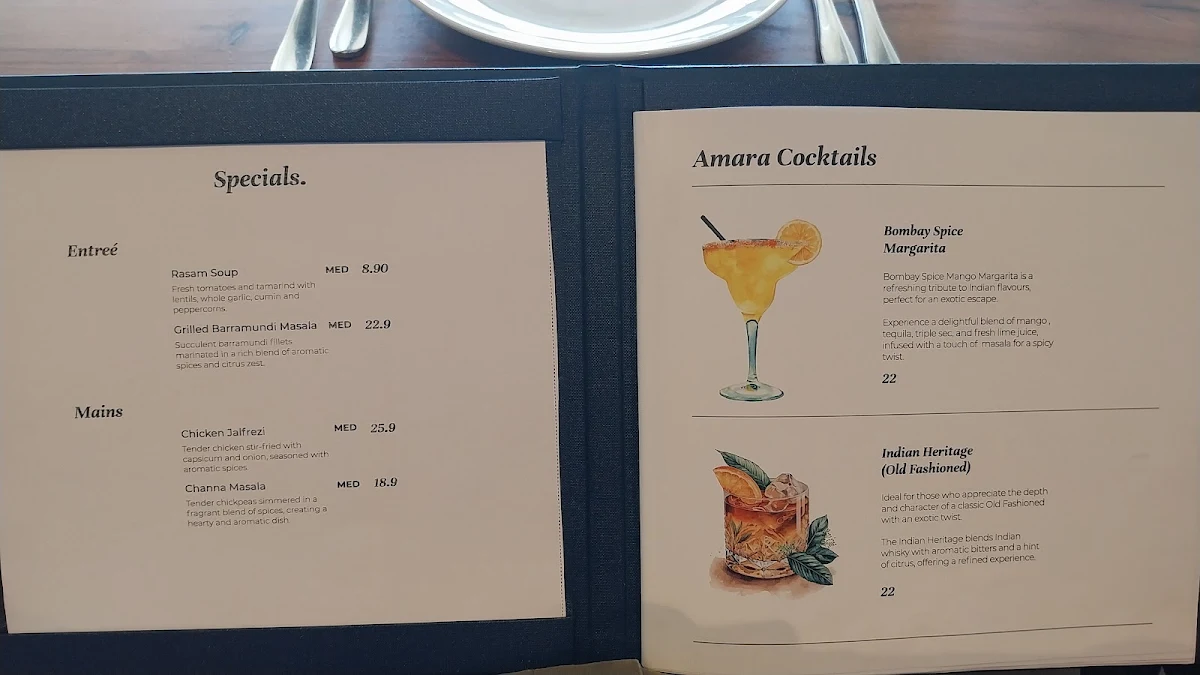 Menu, Amara Indian Restaurant