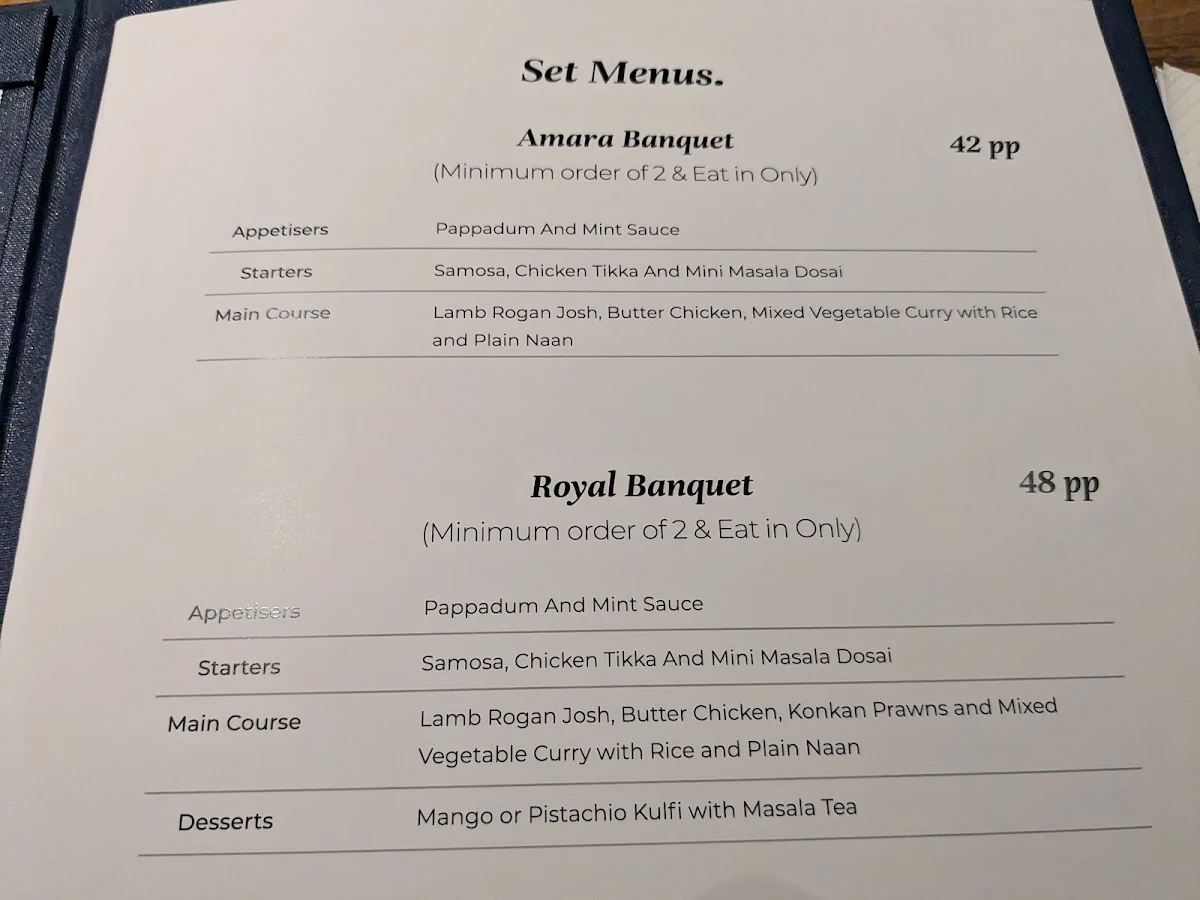 Menu, Amara Indian Restaurant