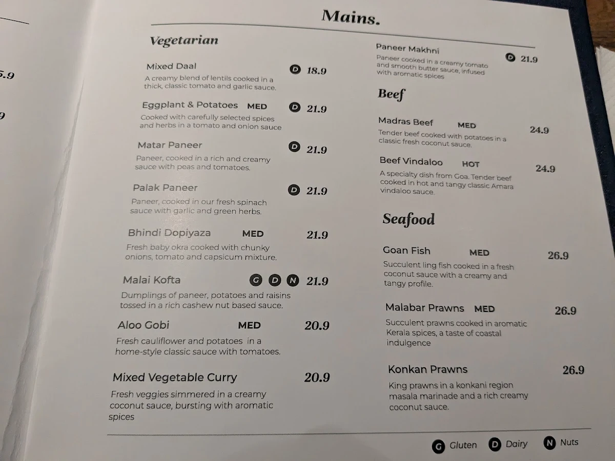 Menu, Amara Indian Restaurant