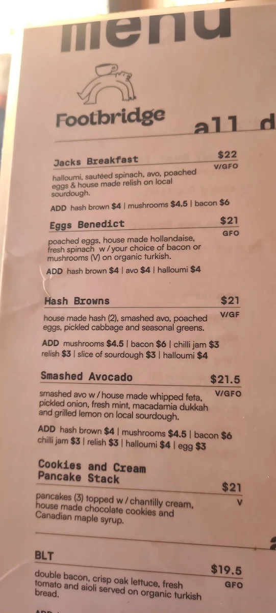 Menu, Footbridge Cafe