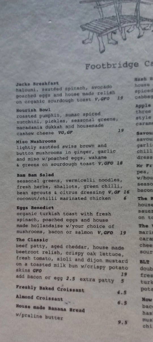 Menu, Footbridge Cafe