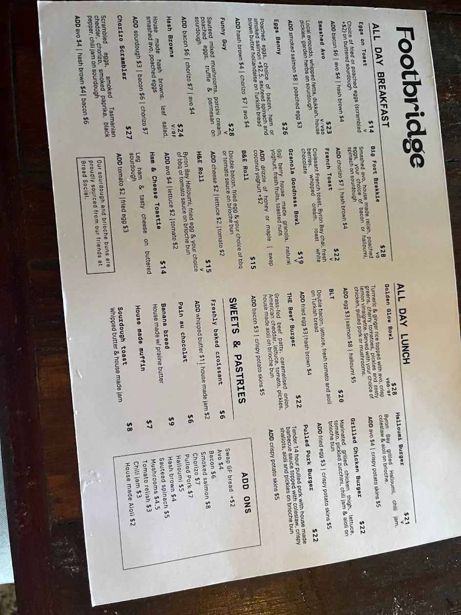 Menu, Footbridge Cafe