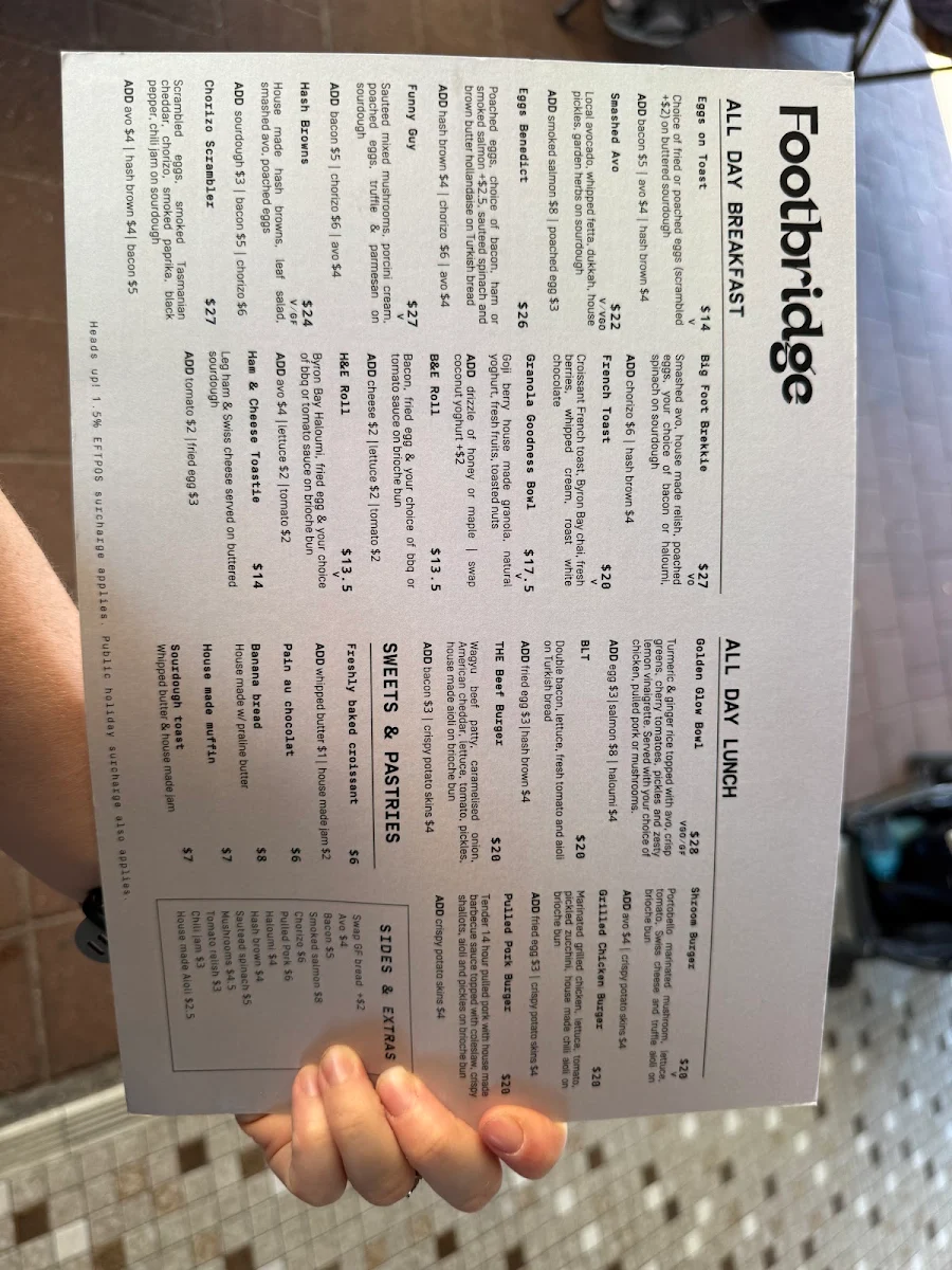 Menu, Footbridge Cafe