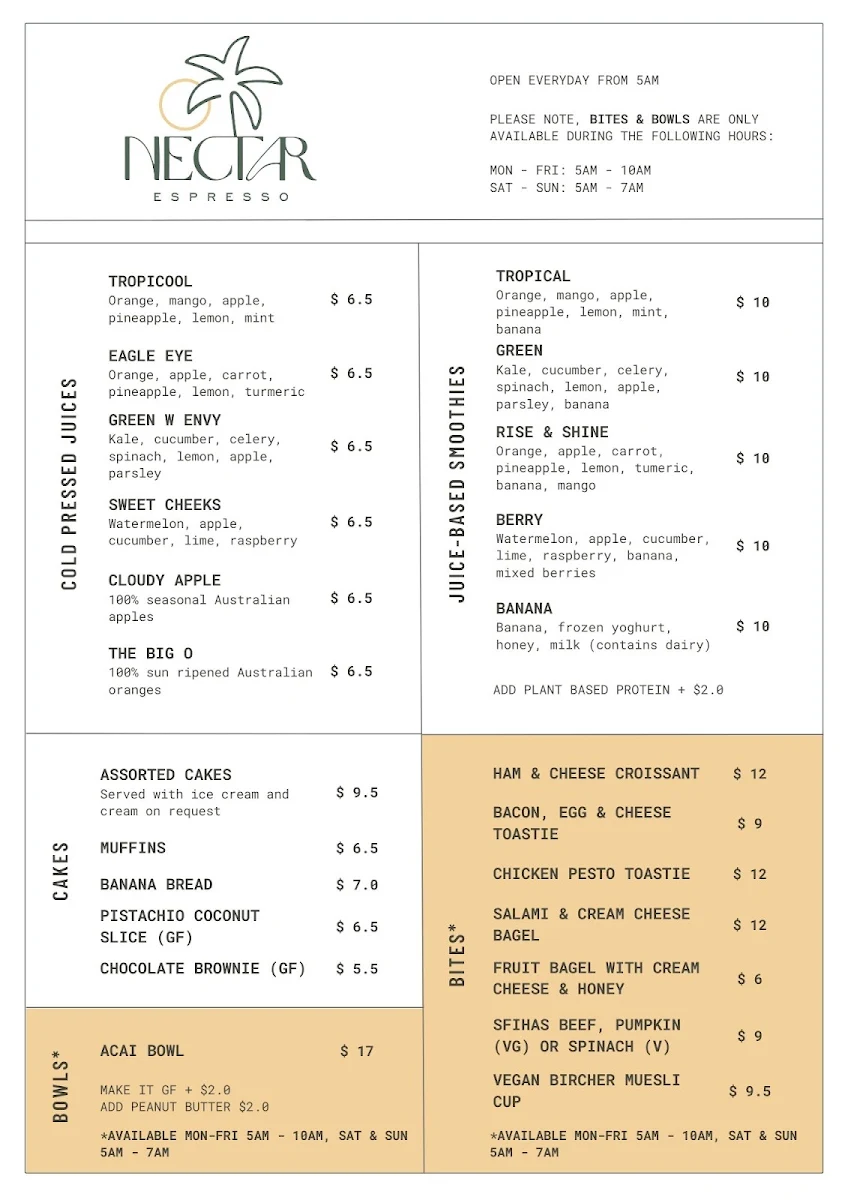 Menu, Nectar Espresso