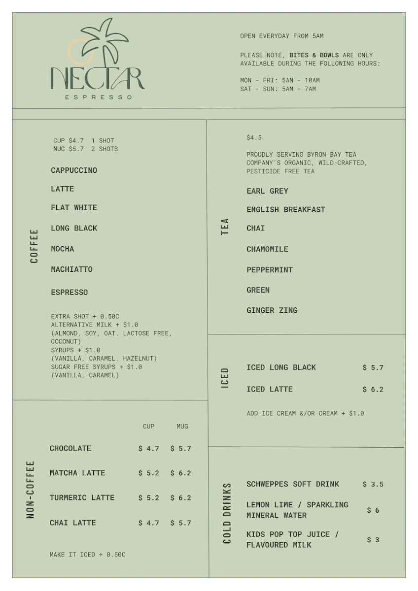 Menu, Nectar Espresso