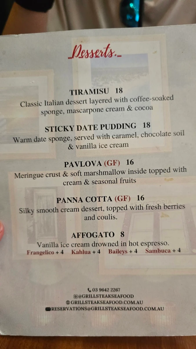 Menu, Grill Steak Seafood
