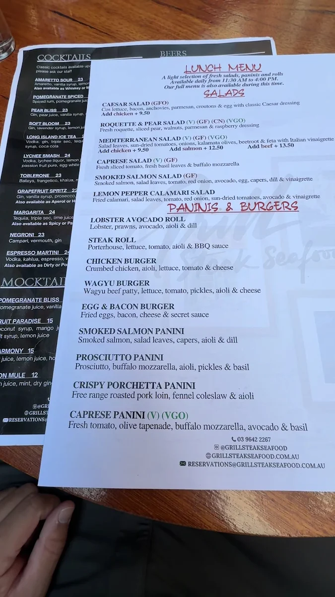 Menu, Grill Steak Seafood