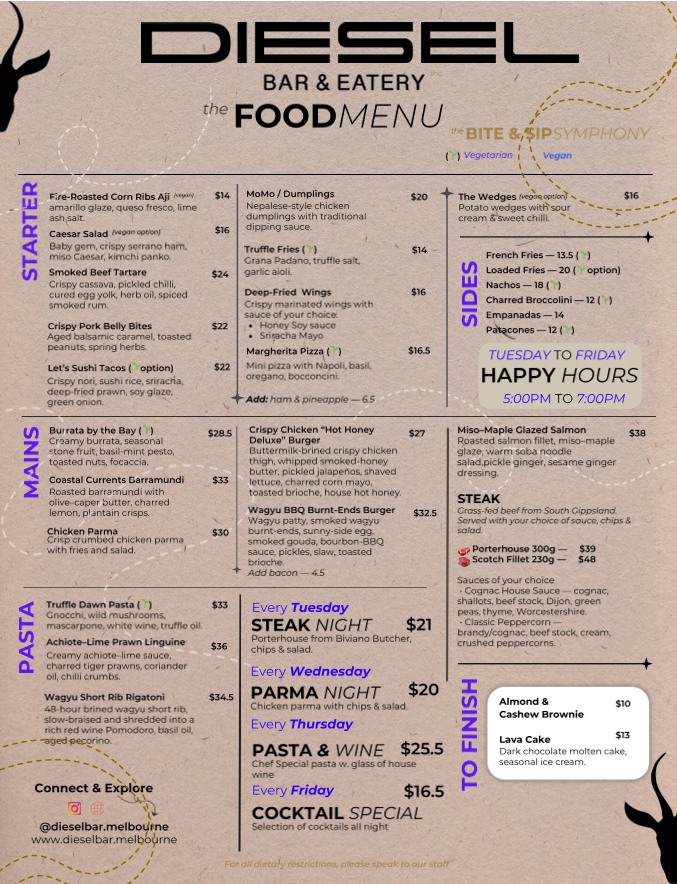 Menu, Diesel Bar & Eatery