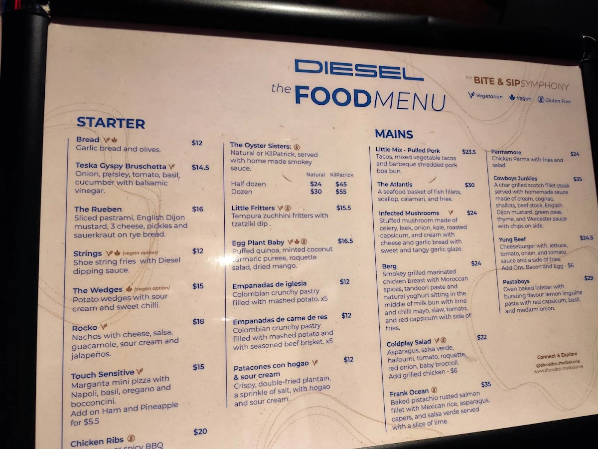 Menu, Diesel Bar & Eatery