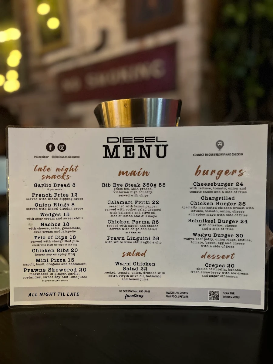 Menu, Diesel Bar & Eatery