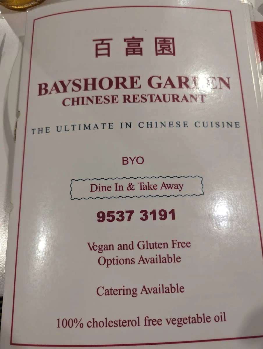 Menu, Bayshore Garden Chinese Restaurant