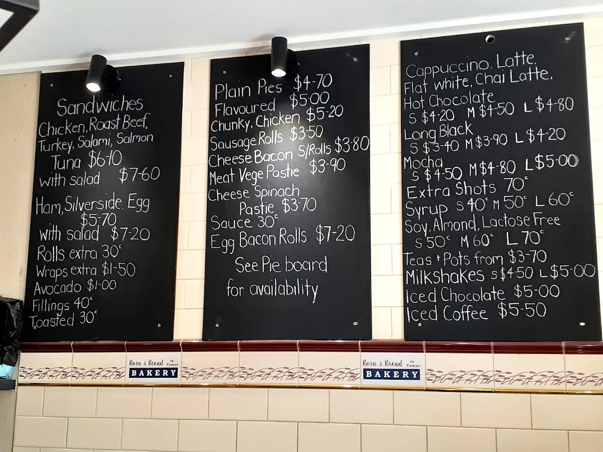 Menu, Born and Bread in Tumut Bakery