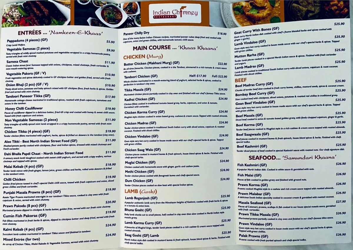 Menu, Indian Chimney Restaurant