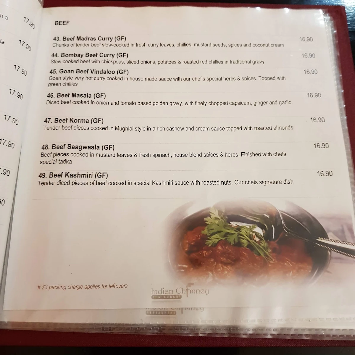 Menu, Indian Chimney Restaurant