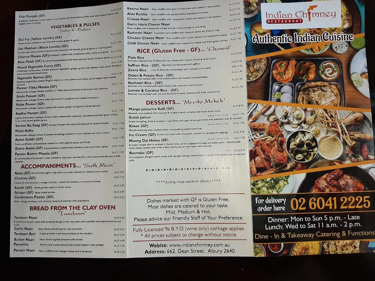 Menu, Indian Chimney Restaurant