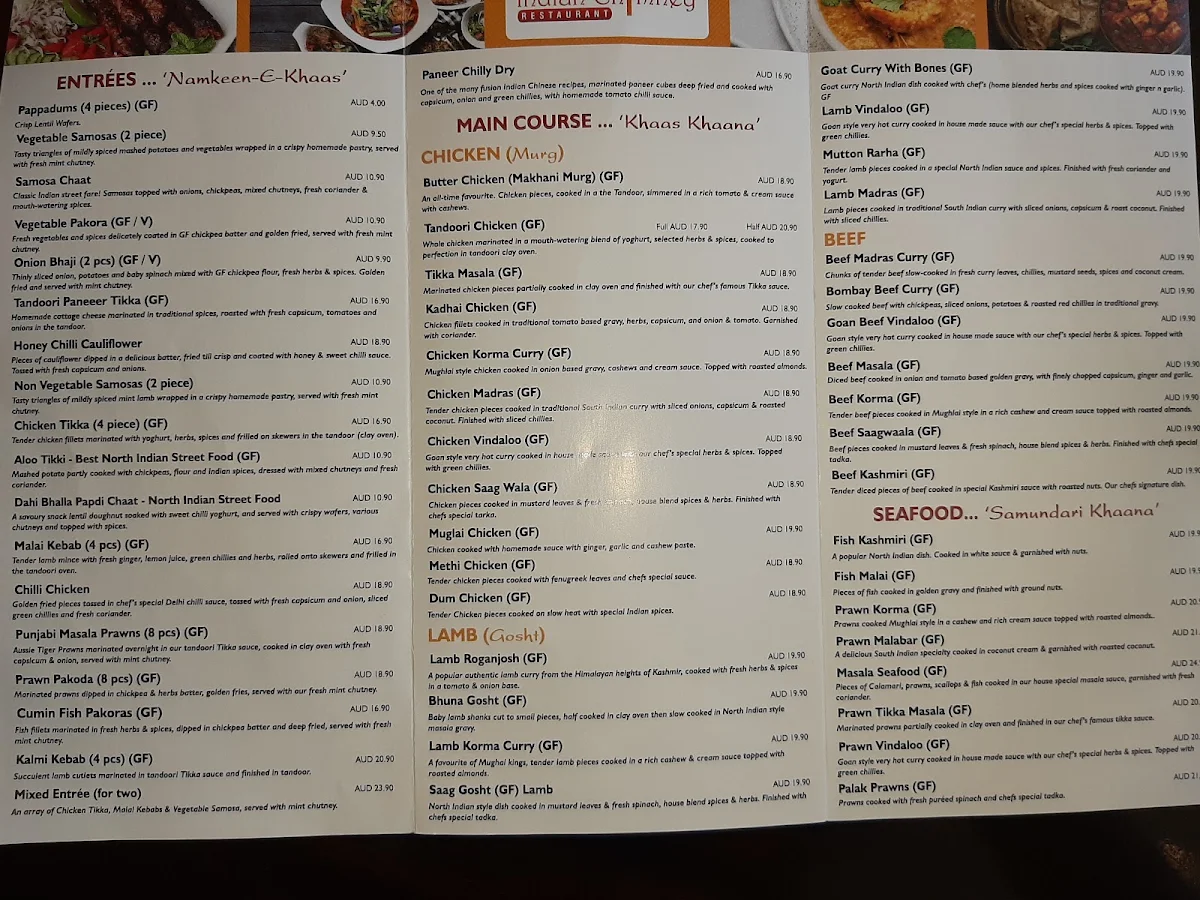Menu, Indian Chimney Restaurant