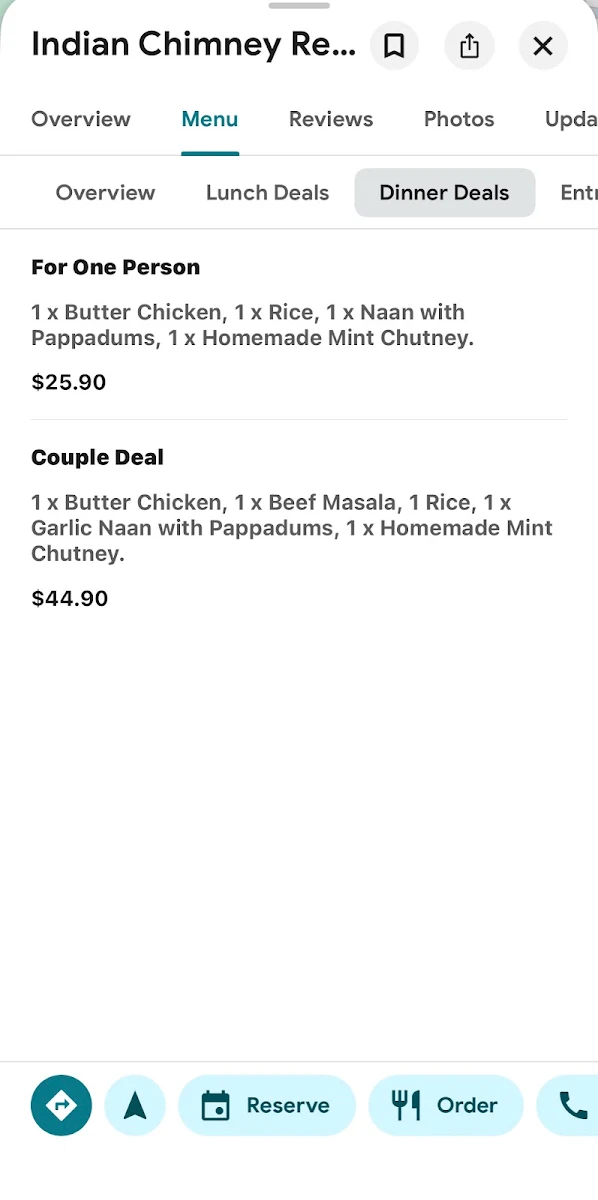 Menu, Indian Chimney Restaurant