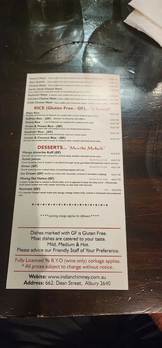 Menu, Indian Chimney Restaurant