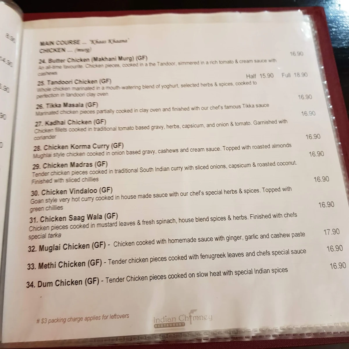 Menu, Indian Chimney Restaurant