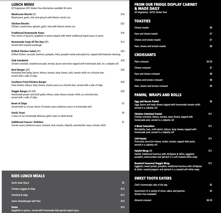 Menu, Coffee Joint on Napier
