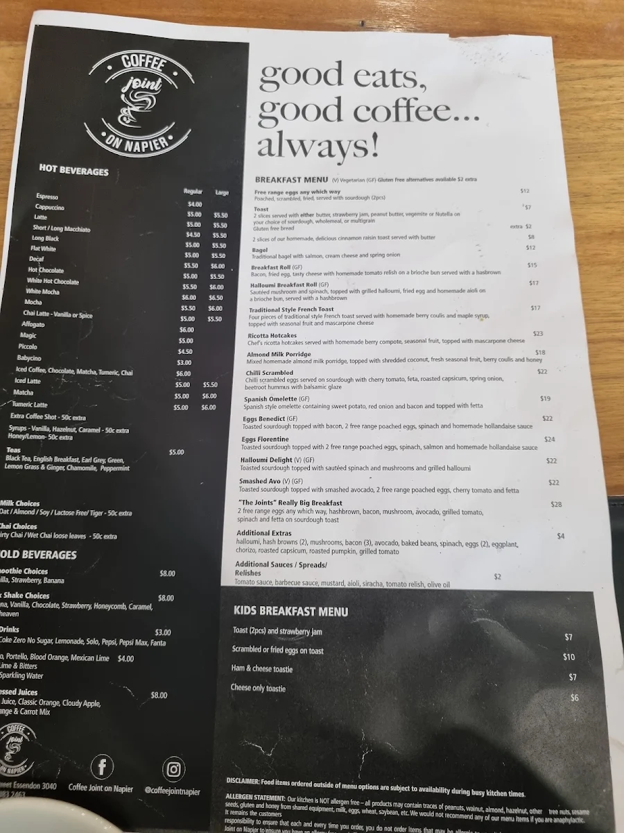 Menu, Coffee Joint on Napier