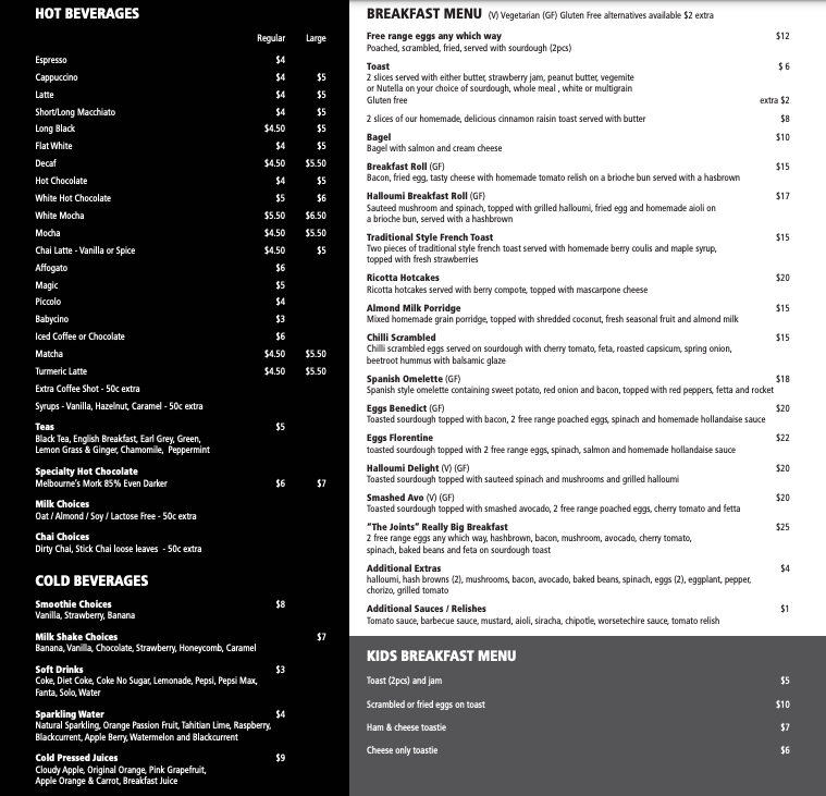 Menu, Coffee Joint on Napier