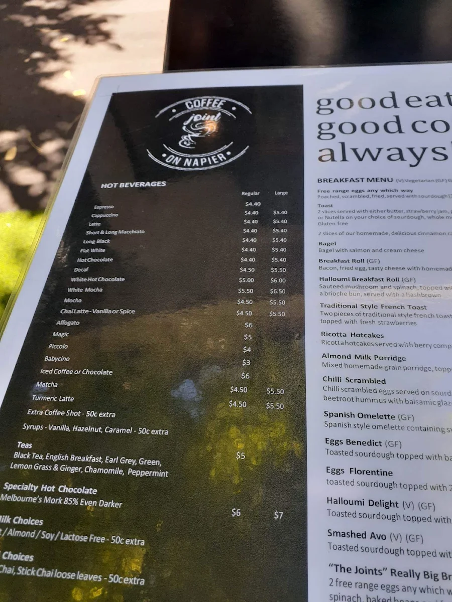 Menu, Coffee Joint on Napier
