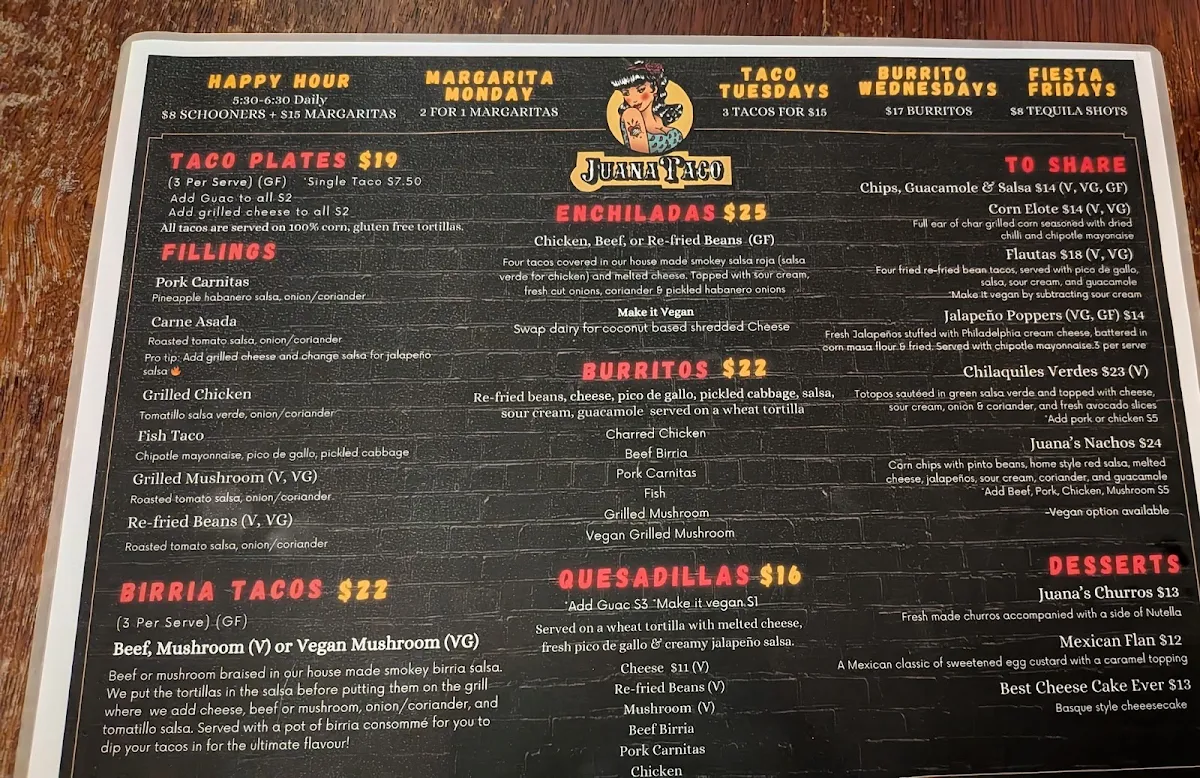 Menu, Juana Taco Windsor
