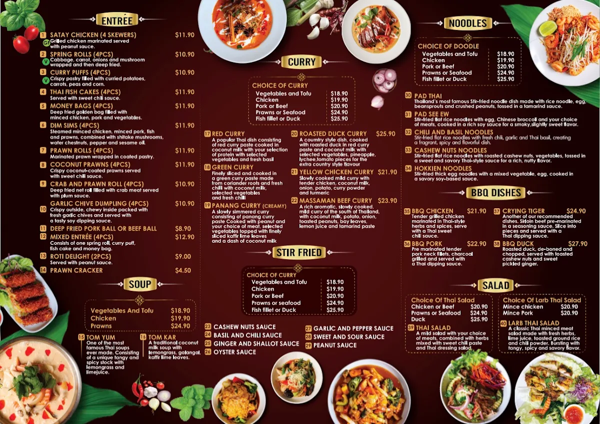 Menu, Baan Phaya Thai Everton Park