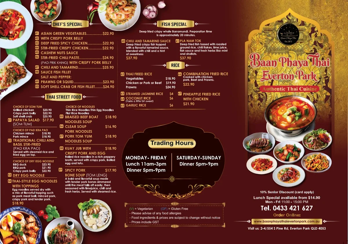 Menu, Baan Phaya Thai Everton Park