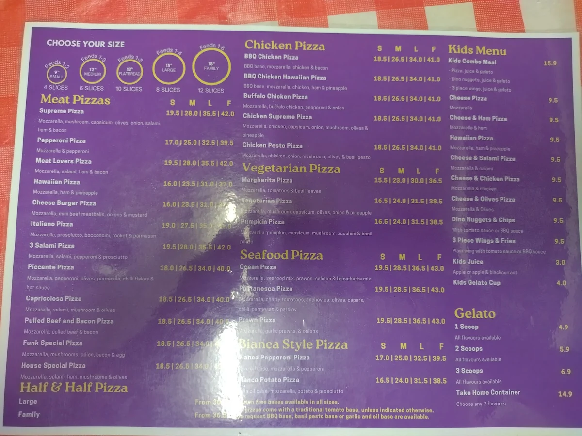 Menu, Funkateers Pizzeria