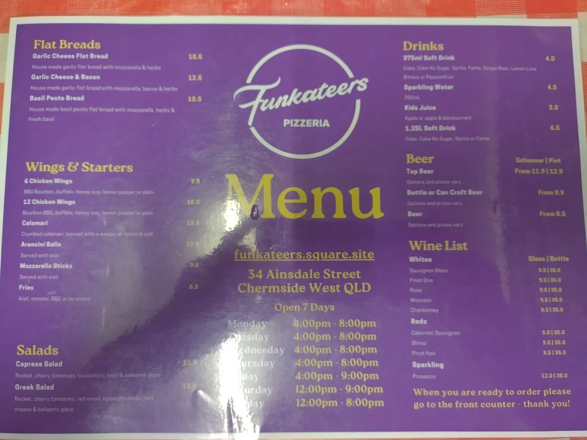 Menu, Funkateers Pizzeria