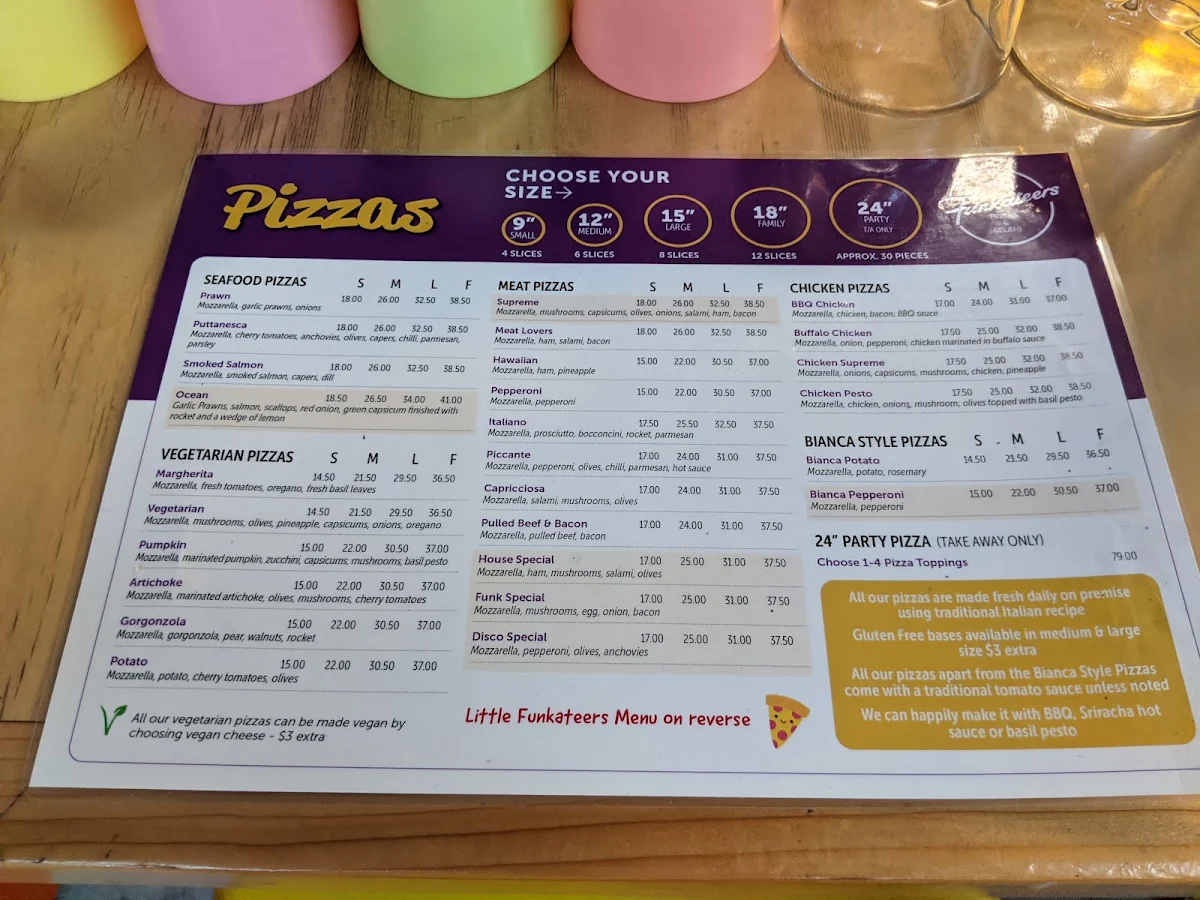 Menu, Funkateers Pizzeria
