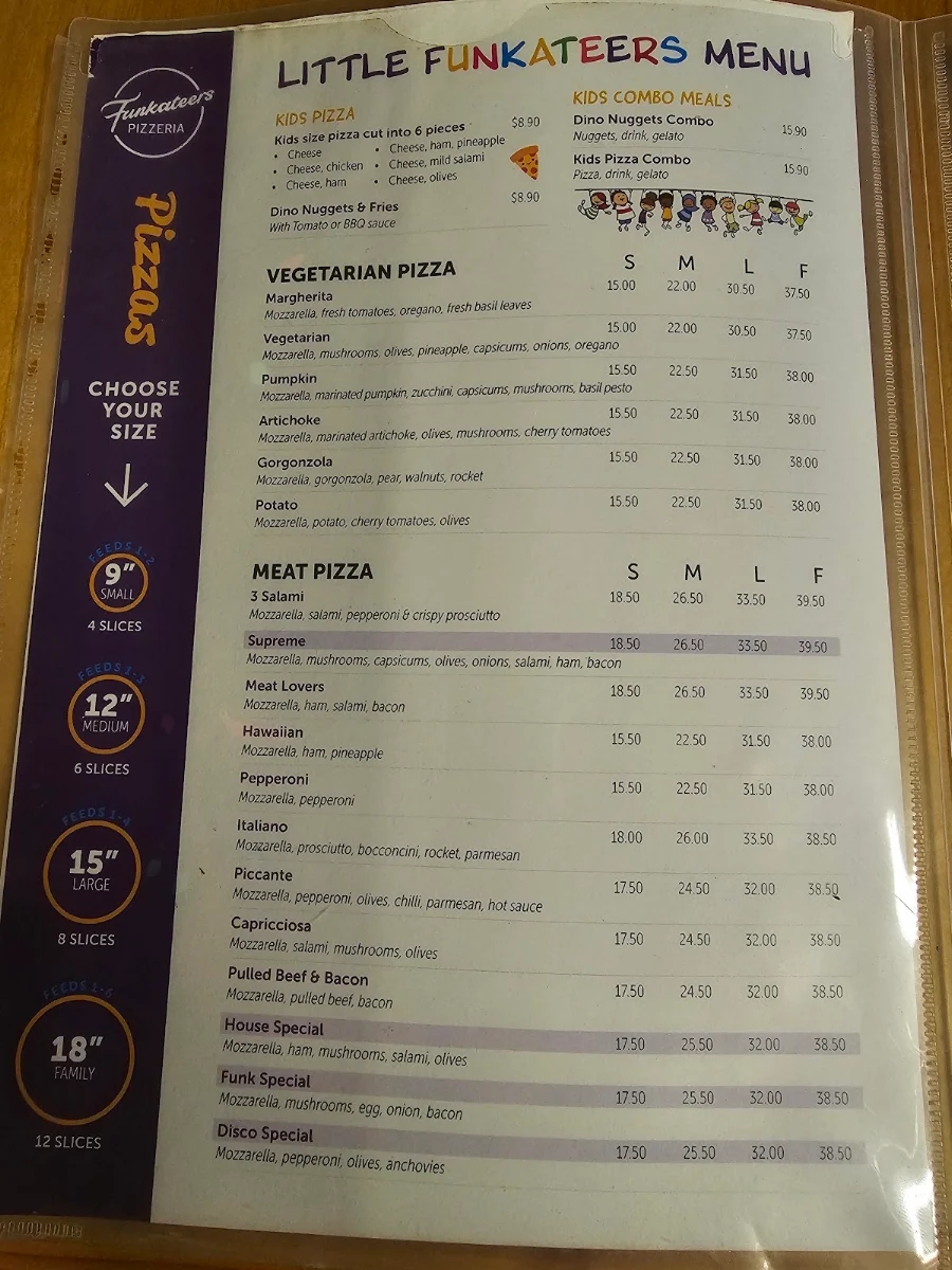 Menu, Funkateers Pizzeria