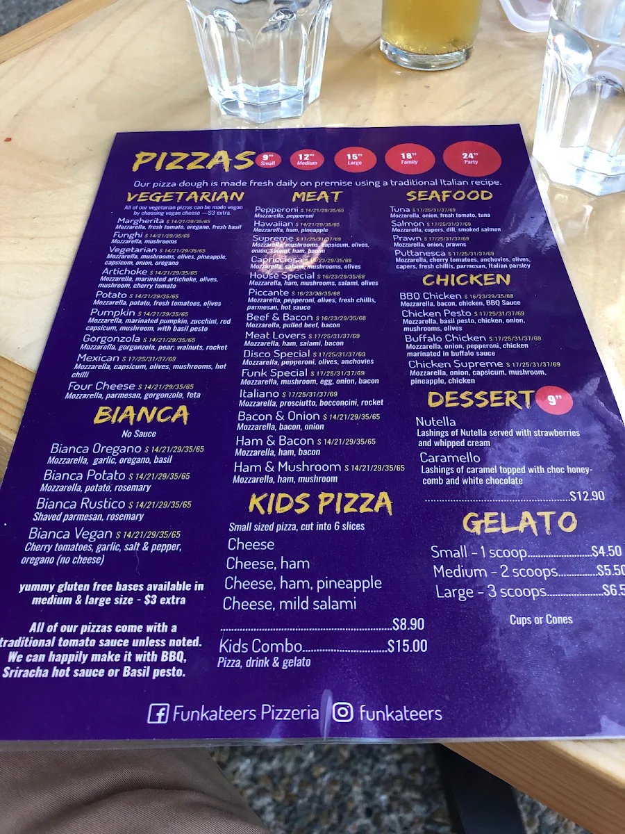 Menu, Funkateers Pizzeria