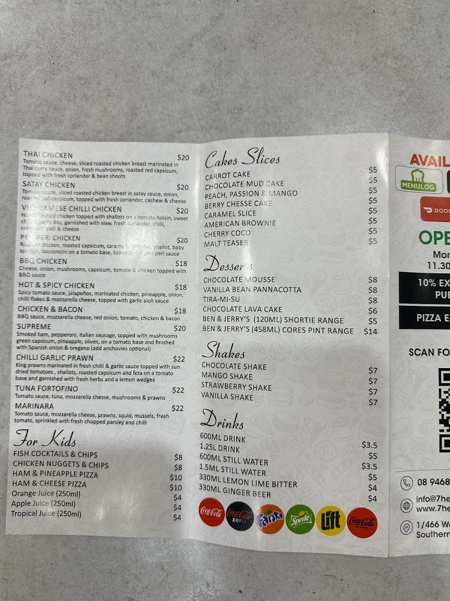 Menu, 7 Heavens Pizza, Pasta, Cakes