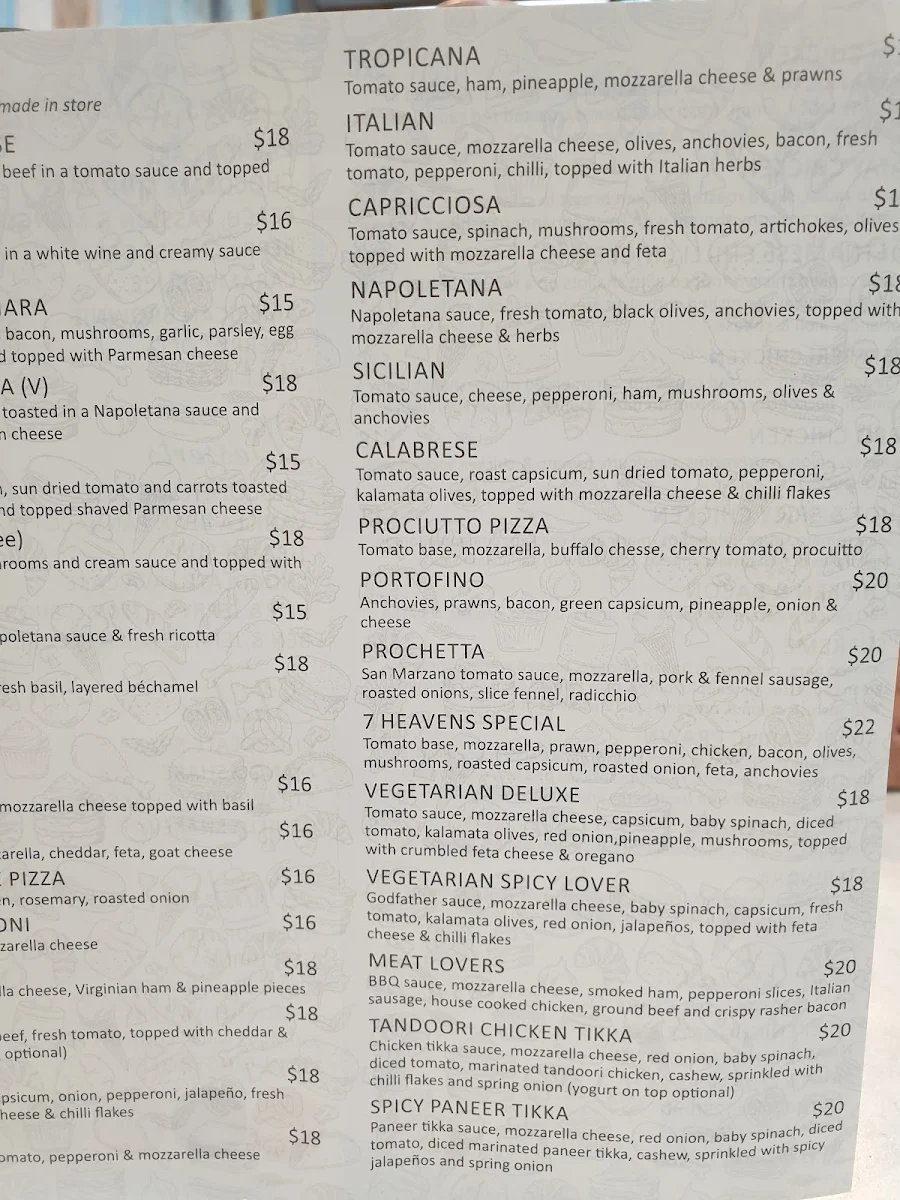 Menu, 7 Heavens Pizza, Pasta, Cakes