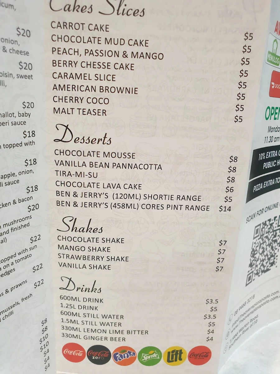 Menu, 7 Heavens Pizza, Pasta, Cakes